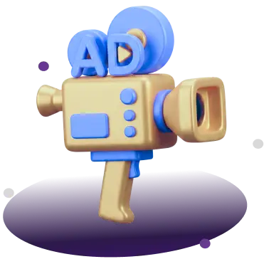 3D icon of an old-school film camera with an AD symbol