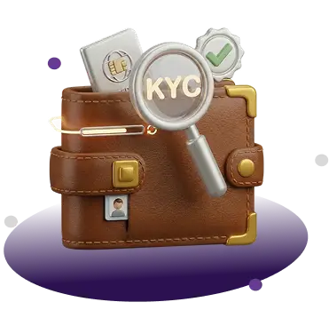 3D icon of a leather wallet with a KYC magnifying glass
