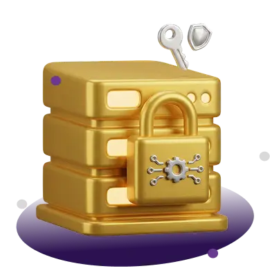 3D icon of a server rack with a gold padlock